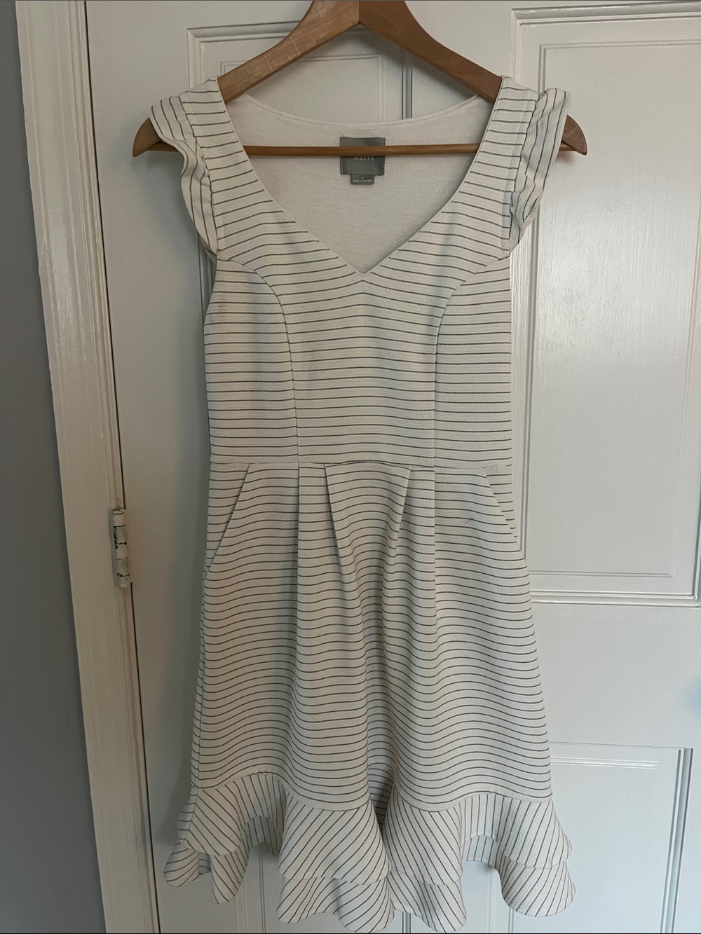 Maeve White Striped V-Neck Midi Dress